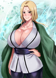 Rule 34 | 1girl, arm at side, blonde hair, blush, breasts, cleavage, closed mouth, coat, cowboy shot, curvy, facial mark, female focus, forehead mark, green coat, haikawa hemlen, hand on own hip, happy, huge breasts, legs, long hair, looking at viewer, naruto, naruto (series), nose blush, orange eyes, simple background, smile, solo, standing, thighs, tsunade (naruto), twintails