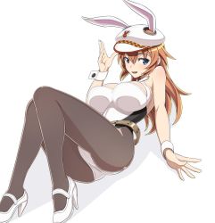 Rule 34 | 1girl, animal ears, belt, black pantyhose, blue eyes, blush, breasts, brown hair, charlotte e. yeager, eyebrows, fake animal ears, hat, high heels, large breasts, leotard, looking at viewer, monochrome background, nanashino, open mouth, pantyhose, playboy bunny, rabbit ears, shiny clothes, simple background, solo, strike witches, white background, white footwear, white leotard, world witches series, wrist cuffs