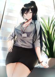 Rule 34 | 1girl, absurdres, bare legs, black hair, black skirt, breasts, cleavage, dress shirt, formal, grey shirt, hand on own hip, highres, hip focus, id card, idolmaster, idolmaster shiny colors, indoors, lanyard, large breasts, legs, long hair, looking at viewer, name tag, office lady, pencil skirt, plant, pnatsu, ponytail, potted plant, shirase sakuya, shirt, skirt, skirt suit, solo, suit, thighs, wristband, yellow eyes