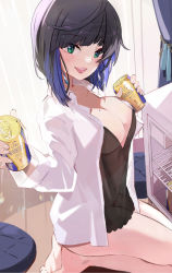 Rule 34 | 1girl, :d, bare legs, barefoot, beer can, black hair, blue hair, blush, breasts, can, cleavage, collared shirt, commentary request, covered navel, curtains, dress shirt, drink can, genshin impact, green eyes, holding, holding can, long sleeves, looking at viewer, medium breasts, mole, mole on breast, multicolored hair, navel, on floor, open clothes, open mouth, open shirt, refrigerator, see-through, seiza, shadowsinking, shirt, sitting, smile, solo, teeth, two-tone hair, upper teeth only, white shirt, wooden floor, yelan (genshin impact)