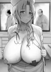 Rule 34 | 1girl, blurry, blurry background, blush, braid, breasts, cleavage, coat, collarbone, covered erect nipples, depth of field, diisuke, flashing, greyscale, hat, huge breasts, lab coat, large areolae, long hair, looking at viewer, monochrome, nurse, nurse cap, open clothes, open coat, pasties, public indecency, stethoscope, sweatdrop, symbol-shaped pupils, touhou, yagokoro eirin