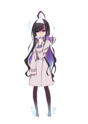 Rule 34 | 1girl, absurdres, ahoge, black hair, blue eyes, blush, breath, brown pantyhose, coat, full body, grey coat, hand up, highres, long hair, long sleeves, looking at viewer, multicolored hair, nose blush, original, pantyhose, purple hair, purple scarf, scarf, simple background, sleeves past wrists, solo, standing, tama (tama-s), triangular headpiece, two-tone hair, v-shaped eyebrows, very long hair, white background, white headwear, wide sleeves, yurako-san (tama)