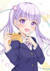 Rule 34 | 1girl, absurdres, blunt bangs, breasts, collared shirt, commentary request, controller, finger to mouth, flower, formal, game controller, hair flower, hair ornament, highres, holding, holding controller, holding game controller, jacket, long hair, long sleeves, looking at viewer, new game!, open mouth, purple eyes, purple hair, purple jacket, shirt, small breasts, solo, suit, suzukaze aoba, twintails, white shirt, yukiunag1