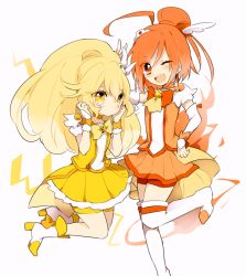 Rule 34 | 10s, 2girls, bad id, bad pixiv id, blush, bow, cure peace, cure sunny, hair flaps, hino akane (smile precure!), kise yayoi, long hair, looking at viewer, magical girl, multiple girls, one eye closed, open mouth, orange skirt, precure, red shorts, shichi, short hair, shorts, shorts under skirt, skirt, smile, smile precure!, white background, wide ponytail, wink, yellow bow, yellow shorts, yellow skirt