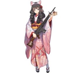 Rule 34 | 1girl, artist request, battle rifle, blue eyes, bow, brown hair, bullet print, cherry blossom print, closed mouth, drill hair, drill sidelocks, ema, floral print, flower, frilled bow, frills, full body, fur scarf, girls&#039; frontline, gun, hair bow, hair flower, hair ornament, holding, holding gun, holding weapon, howa type 64, howa type 64 (girls&#039; frontline), japanese clothes, kanzashi, kimono, long hair, looking at viewer, obi, official alternate costume, official art, pink bow, pink kimono, rifle, rose, sandals, sash, sidelocks, smile, solo, tabi, transparent background, weapon