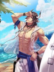 Rule 34 | 1boy, abs, absurdres, animal ears, arknights, bare pectorals, beach, brown eyes, brown hair, bulge, cow boy, cow ears, cow horns, cowboy shot, day, earrings, gengetsu (14255909), head tilt, highres, horns, jewelry, large pectorals, looking at viewer, male focus, male swimwear, matterhorn (arknights), matterhorn (beach guard) (arknights), medium hair, muscular, muscular male, navel, necklace, nipples, official alternate costume, outdoors, pectorals, see-through, shorts, solo, stomach, surfboard, swim trunks, swimsuit, tooth necklace, wet, wet clothes, white male swimwear, white shorts, white swim trunks