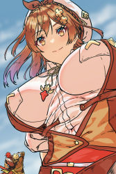 Rule 34 | 1girl, absurdres, akaringh, atelier (series), atelier ryza, atelier ryza 1, atelier ryza 3, breast pocket, breasts, brown eyes, brown hair, collared shirt, hair between eyes, hair flowing over, highres, jacket, jewelry, key, key necklace, large breasts, necklace, pocket, red shorts, reisalin stout, shirt, short hair, short sleeves, shorts, sleeveless, sleeveless jacket, underbust, white headwear, yellow jacket