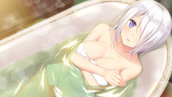 Rule 34 | 1girl, artist request, artwhirl mahou gakuen no otome-tachi, bare arms, bare shoulders, breasts, claudia (artwhirl), cleavage, collarbone, from above, game cg, hair over one eye, indoors, large breasts, long hair, looking at viewer, looking up, naked towel, partially submerged, purple eyes, silver hair, solo, steam, towel, zinno