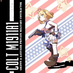 Rule 34 | 1girl, ahoge, american flag, american flag print, bare shoulders, blonde hair, boots, breasts, character name, circle a, commentary request, english text, flag print, full body, girls&#039; frontline, gloves, gun, handgun, high heel boots, high heels, highres, holding, holding gun, holding weapon, looking at viewer, m1911, m1911 (girls&#039; frontline), m1911 (mod3) (girls&#039; frontline), mod3 (girls&#039; frontline), necktie, pistol, short hair, skirt, sleeveless, solo, star (symbol), striped background, striped clothes, striped thighhighs, thighhighs, weapon