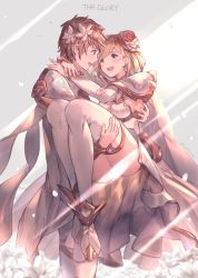 Rule 34 | 1boy, 1girl, :d, armor, blonde hair, breasts, brown eyes, carrying, character name, cosplay, couple, djeeta (granblue fantasy), eye contact, flower, glorybringer (granblue fantasy), gran (granblue fantasy), granblue fantasy, hair flower, hair ornament, highres, jewelry, looking at another, medium breasts, milli little, open mouth, pants, pauldrons, princess carry, ring, short hair, shoulder armor, sideboob, skirt, smile, swept bangs, the glory, the glory (cosplay), thighhighs, white pants, white skirt, white thighhighs