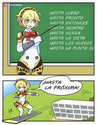 Rule 34 | 1girl, absurdres, aegis (persona), android, blonde hair, chalkboard, comic, female focus, highres, holding, meme, open mouth, persona, persona 3, raydango, robot, short hair, solo, spanish text, teacher