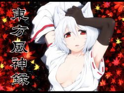 Rule 34 | 1girl, animal ears, armpits, autumn leaves, breasts, collarbone, detached sleeves, fang, hand on own head, inubashiri momiji, leaf, looking at viewer, nejime, open clothes, open mouth, partially submerged, red eyes, ribbon-trimmed sleeves, ribbon trim, short hair, silver hair, simple background, solo, touhou, water, wolf ears