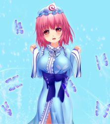 Rule 34 | 1girl, absurdres, blush, breasts, bug, butterfly, female focus, hat, highres, bug, japanese clothes, large breasts, looking at viewer, open mouth, pink hair, red eyes, saigyouji yuyuko, short hair, shounen (hogehoge), simple background, solo, touhou, triangular headpiece