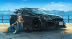 Rule 34 | 1girl, blue pants, brown jacket, car, dog, grey hair, highres, honda, jacket, long hair, momo hiki, motor vehicle, open clothes, open jacket, original, outdoors, pants, personification, sitting, solo, vehicle focus, vehicle request