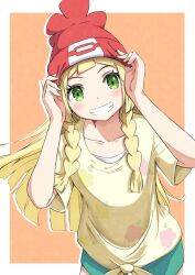 Rule 34 | 1girl, absurdres, beanie, blonde hair, blush, braid, collarbone, cosplay, cowboy shot, creatures (company), floral print, game freak, green eyes, green shorts, grin, hands on headwear, hands on own head, hat, highres, leaning forward, lillie (pokemon), long hair, looking at viewer, negimiso1989, nintendo, pokemon, pokemon sm, red hat, selene (pokemon), selene (pokemon) (cosplay), shirt, shorts, side braids, smile, solo, tied shirt, twin braids, undershirt, yellow shirt