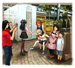 Rule 34 | 1boy, 6+girls, absurdres, bag, beetle, black hair, blonde hair, bow, bowtie, breasts, brown hair, bug, cardigan, cleavage, dragging, dress, faceless, faceless female, faceless male, glasses, gradient hair, hachikou (dog), handbag, highres, huge filesize, humanplushq, idolmaster, idolmaster shiny colors, insect, izumi mei, loafers, long hair, loose bowtie, mary janes, mayuzumi fuyuko, miniskirt, multicolored hair, multiple girls, outdoors, pants, photo-referenced, plaid, plaid skirt, real world location, sailor collar, serizawa asahi, shibuya (tokyo), shibuya station, shoes, short hair, shorts, silver hair, skirt, sleeves rolled up, smile, sneakers, statue, straylight (idolmaster), suspender skirt, suspenders, sweater vest, taking picture, terrarium, thighhighs, tokyo (city), two side up
