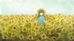 1girl blue_shirt blue_sky chin_strap closed_mouth field flower flower_field grey_eyes gumiaoandpeace hat highres jewelry long_hair looking_at_viewer necklace original shirt short_sleeves sky smile solo straw_hat sunflower sunflower_field