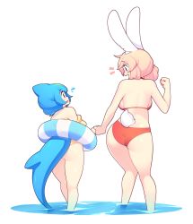 Rule 34 | 2girls, :d, absurdres, animal ears, ass, back, backboob, bikini, blue hair, breasts, cetacean tail, clenched hand, commentary, dorsal fin, english commentary, fins, fish tail, fiz (fizintine), fizintine, from behind, hair bun, hair up, highres, holding hands, innertube, looking at another, multiple girls, open mouth, original, pink hair, rabbit ears, rabbit girl, rabbit tail, red bikini, short hair, simple background, single hair bun, smile, swim ring, swimsuit, tail, tori (fizintine), wading, water, white background