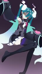 Rule 34 | aqua hair, bare shoulders, black thighhighs, collared shirt, creatures (company), cyan yu, detached sleeves, game freak, ghost, ghost miku (project voltage), glitch, gradient hair, grey shirt, hair between eyes, hatsune miku, highres, long hair, multicolored hair, necktie, nintendo, pale skin, pokemon, project voltage, shirt, skirt, sleeves past fingers, sleeves past wrists, thighhighs, twintails, very long hair, vocaloid, will-o&#039;-the-wisp (mythology), yellow eyes
