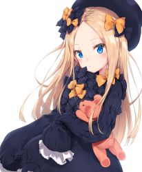 Rule 34 | 1girl, abigail williams (fate), bad id, bad twitter id, black bow, black dress, blonde hair, blue eyes, bow, commentary request, dress, fate/grand order, fate (series), hair bow, hat, highres, holding, holding stuffed toy, long hair, long sleeves, looking at viewer, minikon, orange bow, parted bangs, simple background, sleeves past wrists, solo, stuffed animal, stuffed toy, very long hair, white background