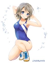 Rule 34 | 1girl, armpits, arms behind head, blue eyes, blue one-piece swimsuit, blush, breasts, circle name, cleavage, collarbone, covered navel, full body, grey hair, grin, head tilt, interlocked fingers, looking at viewer, love live!, love live! sunshine!!, no legwear, on one knee, one-piece swimsuit, sakurai makoto (custom size), shoes, short hair, simple background, small breasts, smile, sneakers, solo, squatting, swept bangs, swimsuit, thighs, watanabe you, water drop, white background