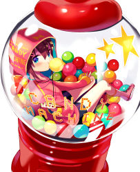 Rule 34 | 1girl, bandaid, bandaid on knee, bandaid on leg, bike shorts, blue eyes, blush, brown hair, blowing bubbles, candy, chewing gum, commentary request, english text, food, from side, full body, gumball, gumball machine, hair between eyes, highres, hood, hood up, hooded jacket, ikari (aor3507), in container, jacket, looking at viewer, looking back, mini person, minigirl, original, pink footwear, pink jacket, purple shorts, shoes, short shorts, shorts, sitting, socks, solo, star (symbol), striped clothes, striped socks, vertical-striped clothes, vertical-striped socks, white background