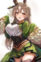 Rule 34 | 1girl, absurdres, animal ears, blush, breasts, brown eyes, brown hair, corset, cowboy shot, dress, frilled sleeves, frills, green dress, half updo, highres, horse ears, horse girl, j young, large breasts, long hair, long sleeves, looking at viewer, open mouth, satono diamond (umamusume), shirt, sleeves past fingers, sleeves past wrists, solo, standing, thighhighs, umamusume, very long hair, white shirt
