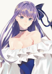 Rule 34 | 1girl, bare shoulders, black choker, blue bow, blue eyes, bow, breasts, choker, cleavage, collarbone, fate/grand order, fate (series), female focus, frilled one-piece swimsuit, frills, hair bow, hair ornament, highres, karen ngao, long hair, long sleeves, looking at viewer, medium breasts, meltryllis, meltryllis (fate), meltryllis (swimsuit lancer) (fate), meltryllis (swimsuit lancer) (second ascension) (fate), off-shoulder one-piece swimsuit, off shoulder, one-piece swimsuit, parted lips, purple hair, simple background, solo, swimsuit, upper body, white background