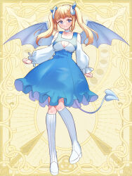 Rule 34 | 1girl, blonde hair, blue dress, blue wings, boots, breasts, chain paradox, cleavage cutout, clothing cutout, dress, full body, highres, horns, knee boots, long sleeves, medium breasts, natsume alice, puffy long sleeves, puffy sleeves, solo, twintails, two-tone dress, umekichi (tw), white dress, white footwear, white horns, wings, yellow background