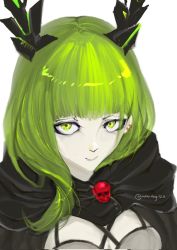 Rule 34 | 1girl, banned artist, black rock shooter, brsdf, dead master, eye contact, green eyes, green hair, highres, horns, looking at another, looking at viewer, mecha, mg (moontag123), mg moontag123, robot, self-upload, short hair, skull, smile, takanashi yomi, tribute (tributism)