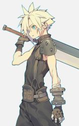Rule 34 | 1boy, absurdres, aqua eyes, armor, baggy pants, bandaged arm, bandages, belt, blonde hair, brown gloves, cloud strife, cowboy shot, earrings, final fantasy, final fantasy vii, gloves, hair between eyes, highres, holding, holding sword, holding weapon, jewelry, looking to the side, male focus, over shoulder, pants, short hair, shoulder armor, single bare shoulder, single earring, sleeveless, sleeveless turtleneck, solo, spiked hair, suspenders, sword, toned, toned male, tpqmsrp, turtleneck, weapon, weapon over shoulder