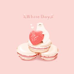 Rule 34 | animal, bear, chai (drawingchisanne), commentary request, english text, food, food focus, fruit, heart, holding, holding food, macaron, no humans, original, pastry, polar bear, signature, simple background, strawberry, sweets, white day