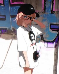 Rule 34 | + +, 1girl, 3d, alternate hairstyle, arm at side, arm behind head, baseball cap, black-framed eyewear, black bag, black hat, blender (medium), blonde hair, blush, bright pupils, closed mouth, clothes writing, cowboy shot, day, dot mouth, dot nose, english text, expressionless, glasses, graffiti, hand up, hat, highres, looking at viewer, multicolored eyes, multicolored hair, no pants, orange hair, outdoors, pink eyes, print shirt, purple eyes, rinne (rinrinne), rinrinne, rinrinne39 (artist), shirt, short hair, short sleeves, solo, standing, streaked hair, t-shirt, virtual youtuber, wall, white pupils, white shirt
