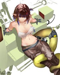 Rule 34 | 1girl, arknights, brown hair, eunectes (arknights), eunectes (forgemaster) (arknights), gandy0529, gloves, midriff, pointy ears, snake tail, tail