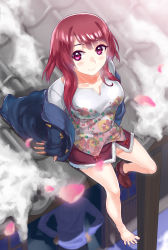 Rule 34 | 1girl, arm support, barefoot, blush, feet, highres, jacket, legs, original, petals, pink eyes, red hair, shoes, short hair, single shoe, sitting, skirt, smile, snow, solo, spread toes, toes, waste-man