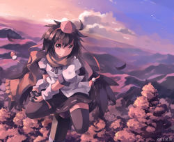 Rule 34 | 1girl, arm warmers, black hair, black thighhighs, black wings, camera, cloud, dated, feathers, female focus, forest, hat, hill, holding, huanxiang huifeng, looking at viewer, nature, nodata, pole, red eyes, scarf, shameimaru aya, shirt, shoes, short hair, sitting, sitting on object, skirt, sky, smile, solo, tassel, tengu, thighhighs, tokin hat, touhou, twilight, white shirt, wings