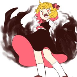 Rule 34 | 1girl, absurdres, ascot, black skirt, blonde hair, claws, collared shirt, darkness, hair ribbon, highres, long sleeves, oninamako, open mouth, red ascot, red eyes, red footwear, red ribbon, ribbon, rumia, sharp teeth, shirt, shoes, short hair, simple background, skirt, smile, socks, solo, teeth, touhou, white background, white shirt, white socks