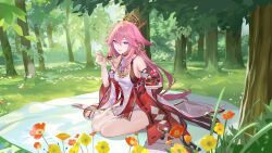 Rule 34 | 1girl, animal ears, bare shoulders, blanket, blueberry, breasts, cake, commentary, detached sleeves, earrings, floppy ears, flower, food, forest, fork, fox ears, fruit, genshin impact, grass, hair between eyes, highres, holding, holding fork, incoming food, jewelry, leenim, long hair, looking at viewer, medium breasts, nail polish, nature, nontraditional miko, official art, outdoors, picnic, pink hair, pink nails, purple eyes, red skirt, sitting, skirt, smile, solo, strawberry, toenail polish, toenails, tree, very long hair, wide sleeves, yae miko, yellow flower, yokozuwari