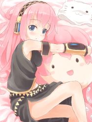 Rule 34 | 1girl, animal hat, bad id, bad pixiv id, blue eyes, cat hat, detached sleeves, doll, hugging doll, hat, headphones, long hair, lying, megurine luka, hugging object, okiami, on side, pillow, pillow hug, pink hair, skirt, smile, solo, takoluka, tentacles, toeto (vocaloid), very long hair, vocaloid