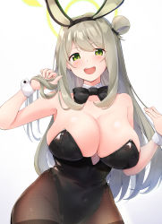 Rule 34 | 1girl, animal ears, black pantyhose, blue archive, breasts, cleavage, fake animal ears, green eyes, happy, highres, large breasts, leotard, looking at viewer, navel, nonomi (blue archive), pantyhose, playboy bunny, rabbit ears, shionootsu, skin tight, skindentation, thighs