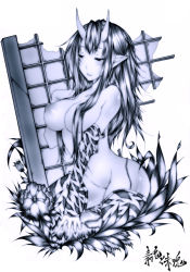 Rule 34 | 1girl, animal print, bad id, bad pixiv id, blue oni, breasts, demon girl, detached sleeves, flower, horns, large breasts, long hair, monochrome, nipples, nude, oni, original, pointy ears, solo, tiger print, viola (seed), white background