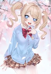 Rule 34 | 1girl, :d, alternate costume, barbara (genshin impact), blonde hair, blue eyes, blush, bow, bowtie, brown skirt, cherry blossoms, collared shirt, commentary request, cowboy shot, genshin impact, hand up, highres, long hair, long sleeves, looking at viewer, miniskirt, nail polish, ompf, open mouth, pantyhose, petals, plaid, plaid skirt, pleated skirt, red bow, red bowtie, school uniform, shirt, skirt, smile, solo, striped, striped bow, twintails, white shirt