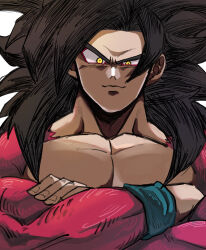 Rule 34 | 1boy, 9302w (user wjpg8475), absurdres, closed mouth, collarbone, crossed arms, dragon ball, dragon ball gt, fingernails, highres, large pectorals, long hair, looking at viewer, male focus, muscular, muscular male, pectoral cleavage, pectorals, son goku, spiked hair, super saiyan, super saiyan 4, white background, yellow eyes