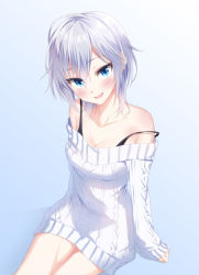 Rule 34 | 10s, 1girl, anastasia (idolmaster), aran sweater, arm support, bad id, bad pixiv id, bare shoulders, blue eyes, blush, cable knit, collarbone, dress, eyes visible through hair, from above, gradient background, hair between eyes, heirou, idolmaster, idolmaster cinderella girls, looking at viewer, off-shoulder, off-shoulder sweater, off shoulder, silver hair, sitting, sleeves past wrists, smirk, solo, strap slip, sweater, sweater dress, wavy hair