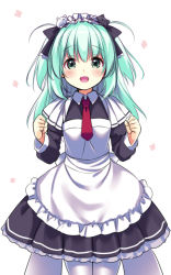 Rule 34 | 1girl, apron, aqua eyes, aqua hair, black dress, character request, clenched hands, copyright request, dress, long hair, maid, maid headdress, necktie, open mouth, pantyhose, red necktie, ribbon, simple background, smile, solo, two side up, usume shirou, virtual youtuber, white apron, white background, white pantyhose