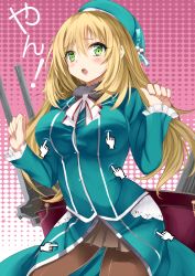 Rule 34 | 10s, 1girl, atago (kancolle), black gloves, blonde hair, blush, breasts, cursor, gloves, green eyes, hat, highres, kantai collection, karlwolf, large breasts, long hair, looking at viewer, military, military uniform, open mouth, pantyhose, personification, poking, tears, uniform