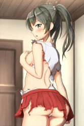 Rule 34 | 10s, 1girl, :o, arm at side, ass, bare arms, bare shoulders, blurry, blush, breasts, burnt clothes, cowboy shot, depth of field, door, eyelashes, from behind, green eyes, green hair, hair ribbon, hand on breast, hand on own chest, highres, indoors, kantai collection, long hair, maku ro, open mouth, panties, pleated skirt, profile, red skirt, ribbon, shirt, short sleeves, sideboob, skirt, skirt tug, solo, standing, sweatdrop, torn clothes, twintails, underwear, white panties, white ribbon, white shirt, zuikaku (kancolle)
