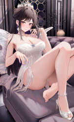 Rule 34 | 1girl, bare arms, bare shoulders, barefoot, black hair, breasts, character request, choker, cleavage, commentary request, commission, copyright request, couch, crown, dress, earrings, feet, haneame, high heels, highres, indoors, jewelry, large breasts, long hair, nail polish, purple nails, ru zhai, sitting, solo, strapless, strapless dress, thighs, toes, very long hair, white dress, white footwear