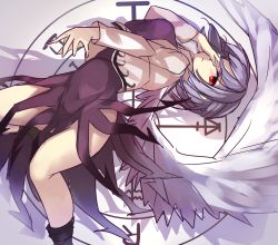 Rule 34 | 1girl, angel wings, bare legs, breasts, dress, feathered wings, floating, from side, full body, hand on own face, hip focus, jacket, janne cherry, kishin sagume, long sleeves, looking at viewer, medium breasts, open clothes, open jacket, outstretched arm, purple skirt, red eyes, serious, short dress, short hair, single wing, skirt, solo, touhou, white hair, white jacket, wings