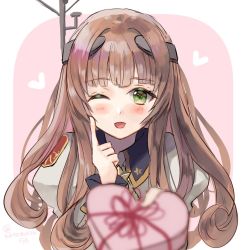 Rule 34 | 1girl, blunt bangs, blurry, blurry foreground, blush, box, brown hair, green eyes, hatomaru (hatomaru56), headgear, heart, heart-shaped box, helena (kancolle), index finger raised, kantai collection, long hair, long sleeves, one eye closed, open mouth, simple background, solo, star (symbol), twitter username, two-tone background, upper body, valentine, wavy hair
